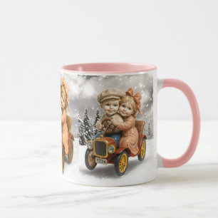 Mug winter retro. Children by old car.
