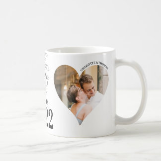 Mug with 2 heart-shaped photos, date, first names
