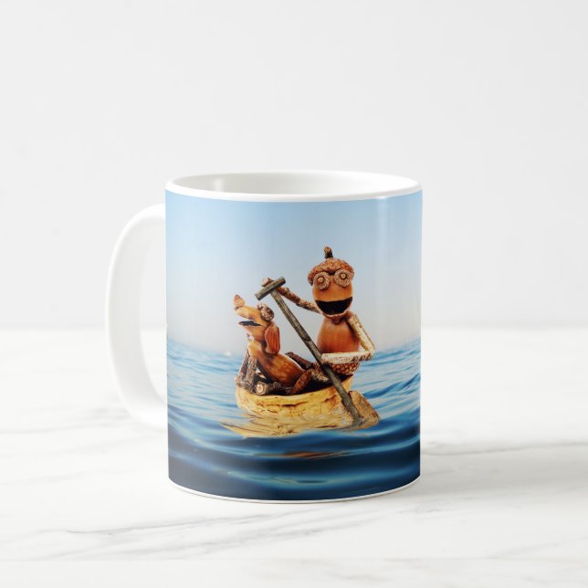 Mug with acorn elf in the boat on the sea (Front Left)