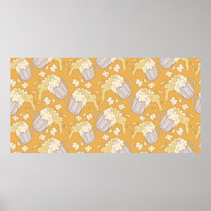 Mug with beer cartoon seamless pattern. Alcohol dr Poster