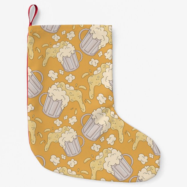 Mug with beer cartoon seamless pattern. Alcohol dr Small Christmas Stocking (Front)