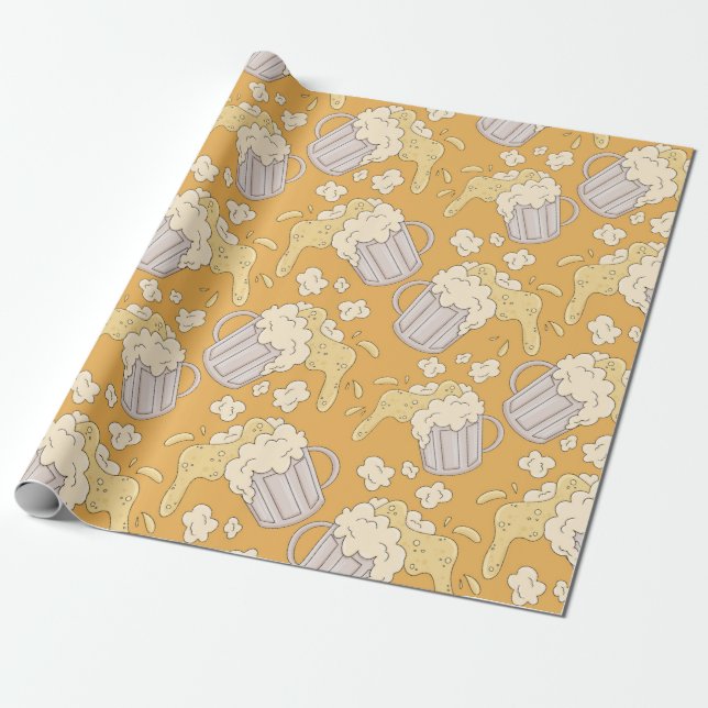 Mug with beer cartoon seamless pattern. Alcohol dr Wrapping Paper (Unrolled)