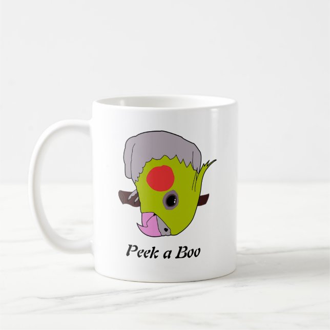 Mug with cockatiel saying Peek - a Boo (Left)