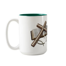 MUG WITH CROSS  AND BIBLE    GREEN &  WHITE