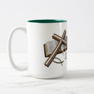MUG WITH CROSS AND BIBLE GREEN & WHITE