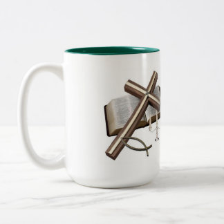 MUG WITH CROSS  AND BIBLE    GREEN &  WHITE