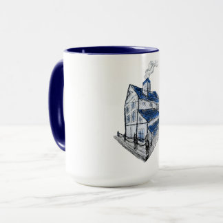 Mug with drawing of a sketch style house blue roof
