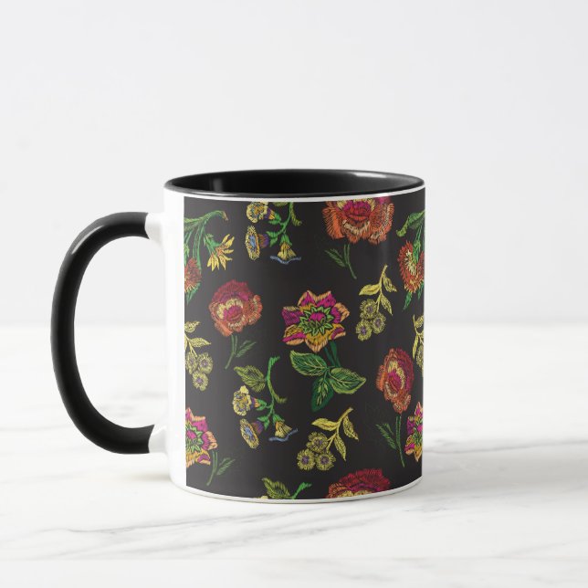 mug with embroidery - flowers on a black backgroun (Left)