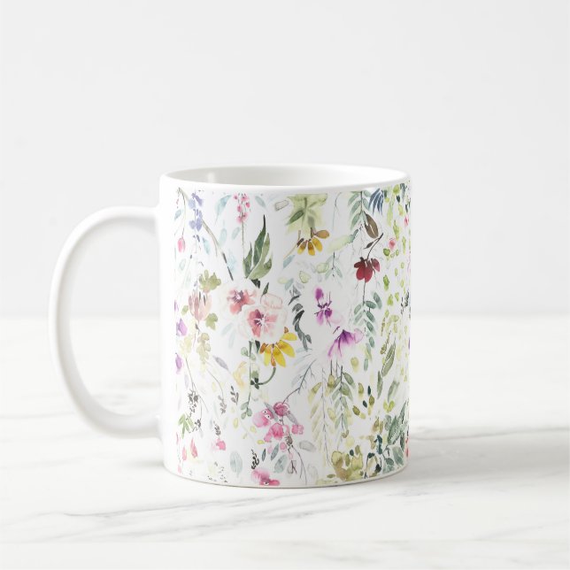Mug with hand painted watercolor flower and plants (Left)