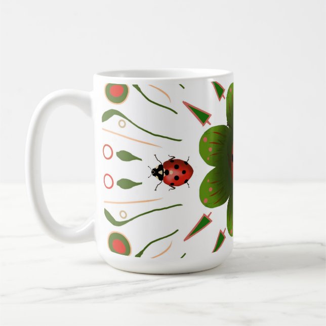 Mug with ladybug design, red & green on white. (Left)