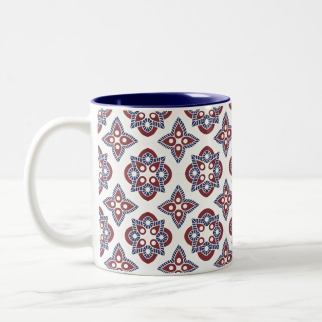 Mug with navy blue and raspberry pattern (Left)