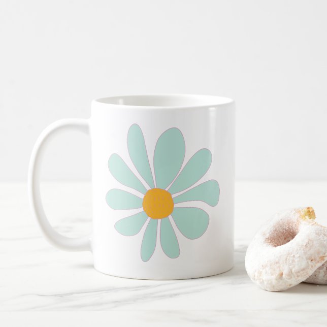 mug with pastel green hand-drawn daisy  (With Donut)