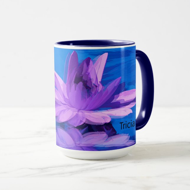 Mug with Purple Water Lily on Blue (Front Right)