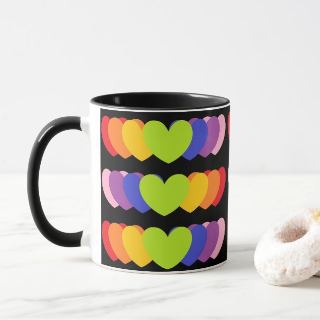 Mug With Rainbow Hearts on Black Background (With Donut)