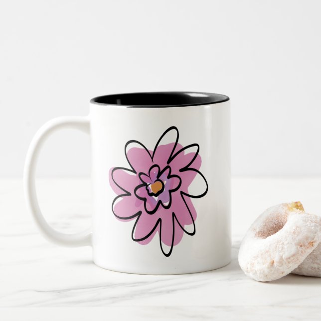 mug with simple hand painted pink flower (With Donut)