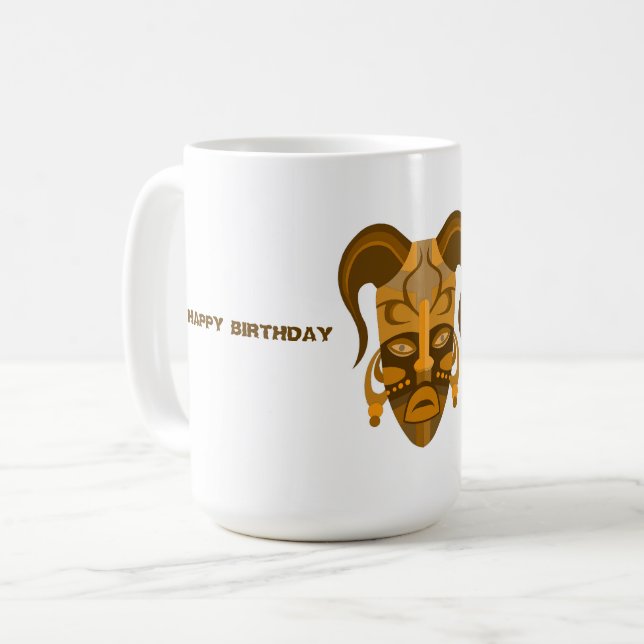 MUG WITH TARDITIONAL MASK ART , BIRTHDAY (Front Left)