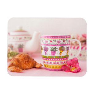 Mug With Tea, Croissant And Flower Magnet