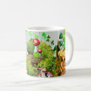 Mug with Watercolor Forest Mushrooms Plants Green