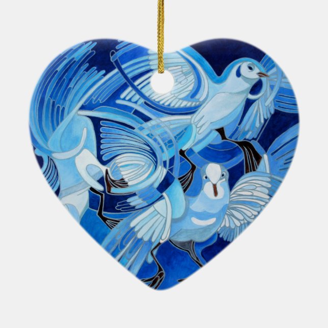 Muge's Pigeons in Blue Ceramic Tree Decoration (Back)