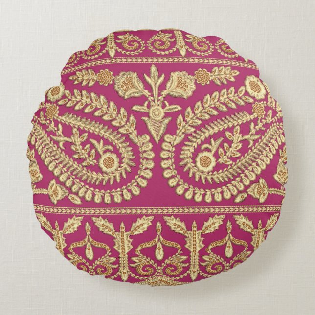 Mughal art work. indian traditional antique gold b round cushion (Front)