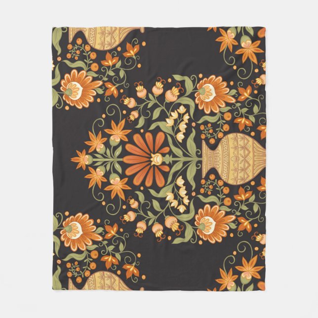 Mughal Fantasy: Retro Floral Opulence Fleece Blanket (Front)