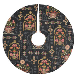 Mughal Floral Motif: Black Seamless. Brushed Polyester Tree Skirt