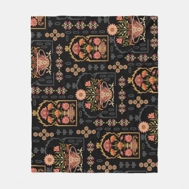Mughal Floral Motif: Black Seamless. Fleece Blanket (Front)
