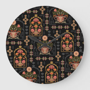 Mughal Floral Motif: Black Seamless. Large Clock
