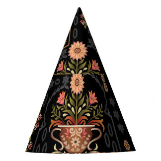 Mughal Floral Motif: Black Seamless. Party Hat