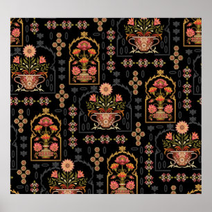 Mughal Floral Motif: Black Seamless. Poster