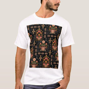 Mughal Floral Motif: Black Seamless. T-Shirt