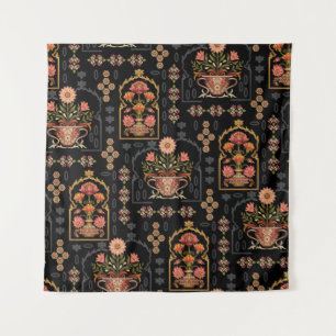 Mughal Floral Motif: Black Seamless. Tapestry