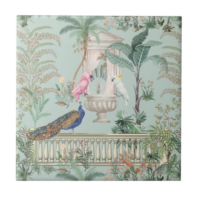 Mughal Garden Parrot Peacock Tropical Forest Ceramic Tile (Front)