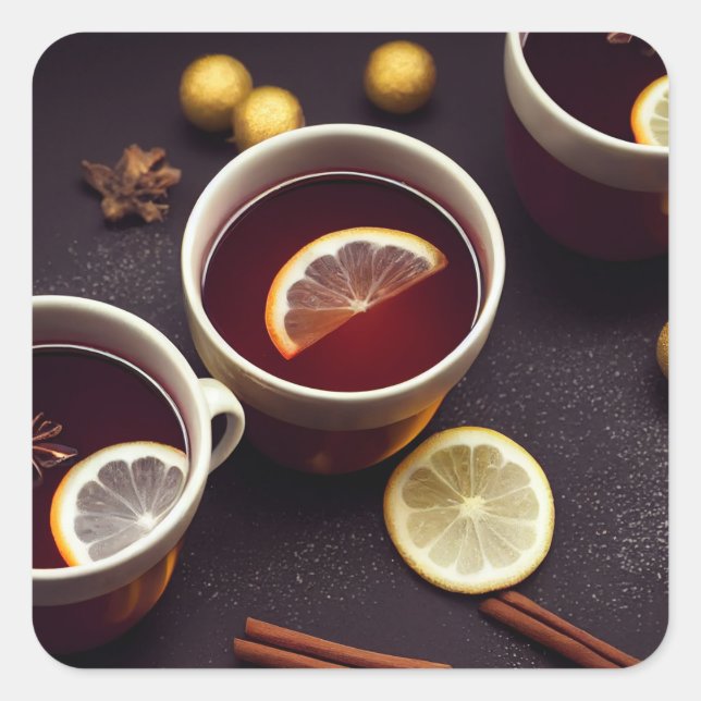 Mugs of mulled wine, hot winter drink square sticker (Front)