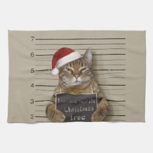 Mugshot Cat Christmas Tea Towel