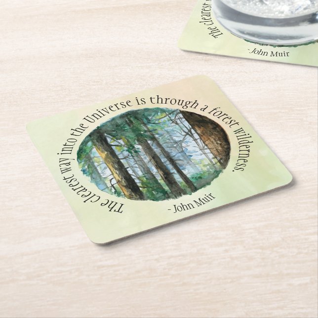 Muir Quote Watercolor Forest Square Paper Coaster (Angled)