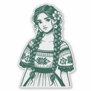 Mujer Mexicana Minimal Line Art Green Sticker