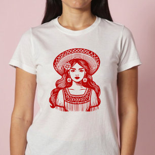 Mujer Mexicana Minimal Red Line Art   T-Shirt