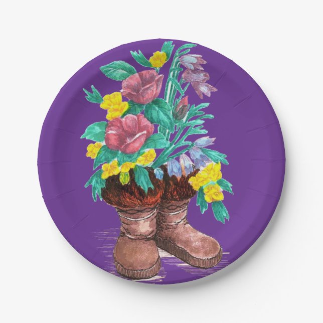 Mukluk Boots & Spring Flower Designed Paper Plates (Front)