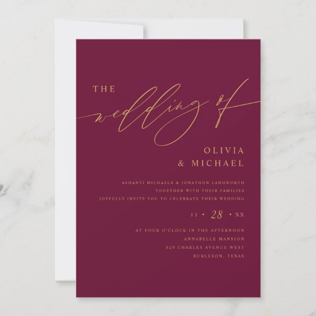 Mulberry and Gold Elegant Wedding Invitation (Front)