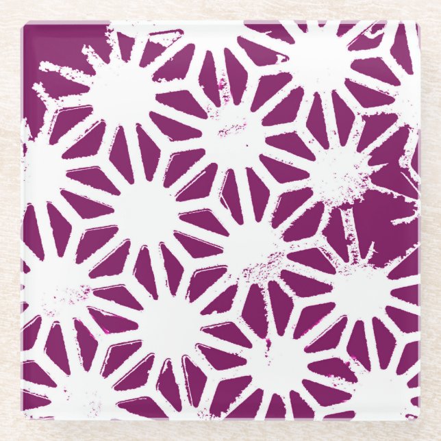 Mulberry and white geometric pattern glass coaster (Front)