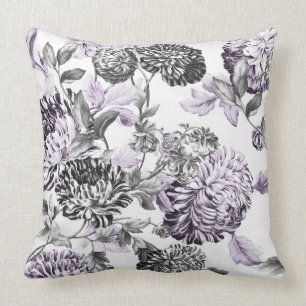 Mulberry Blue Purple Black & White Floral Toile Cushion