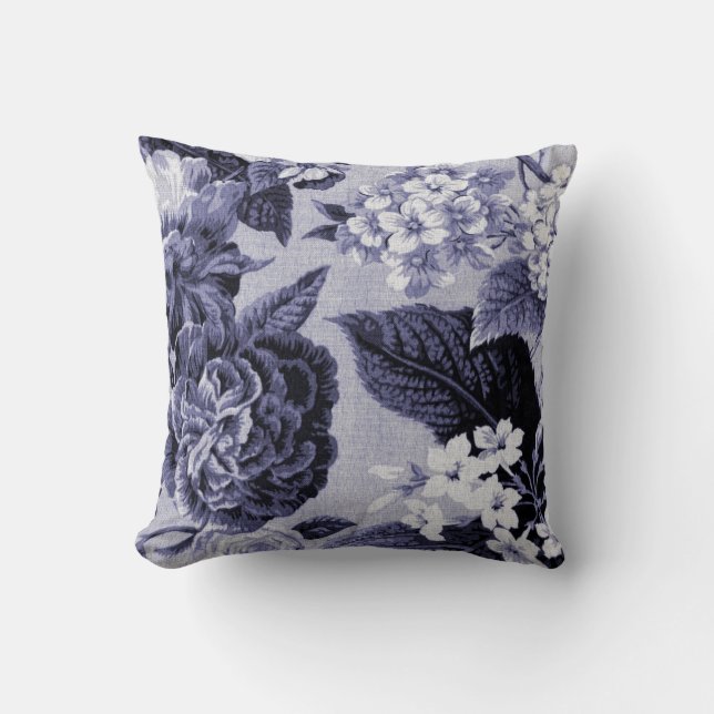 Mulberry Blue Purple Botanical Floral Toile No.1 Cushion (Front)