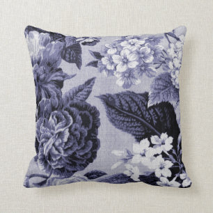 Mulberry Blue Purple Botanical Floral Toile No.1 Cushion