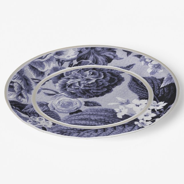 Mulberry Blue Purple Floral Toile No.1 Paper Plate (Angled)