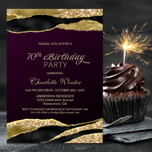 Mulberry Gold Glitter 70th Birthday Party Invitation