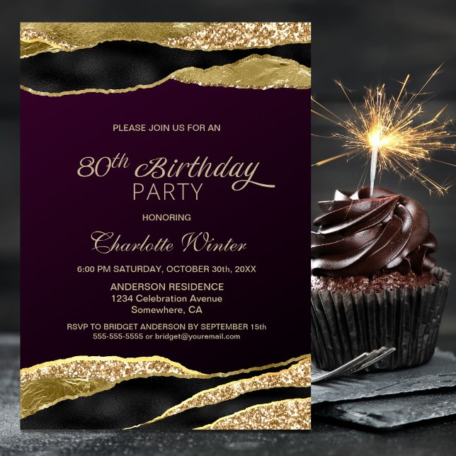 Mulberry Gold Glitter 80th Birthday Party Invitation (Creator Uploaded)