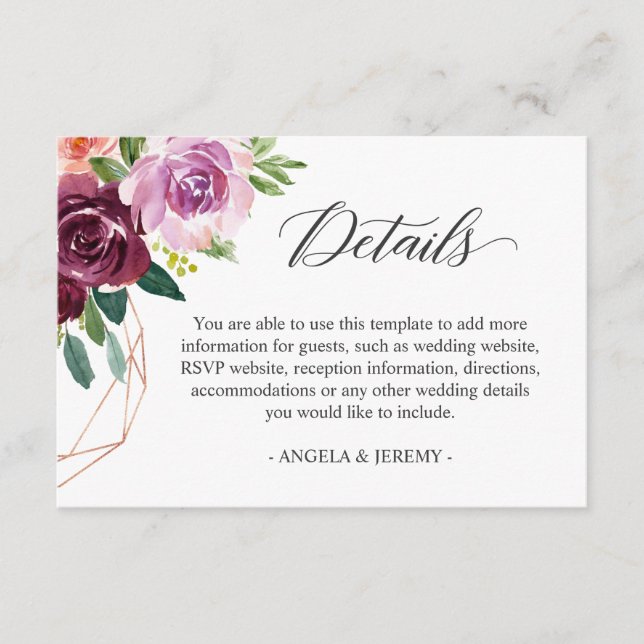 Mulberry Lilac Purple Floral Wedding Details Enclosure Card (Front)