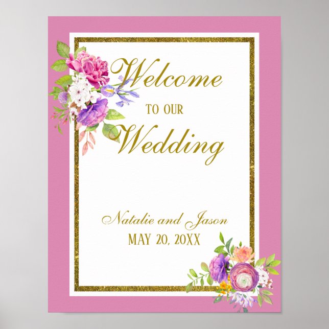 Mulberry Pink and Gold Floral Watercolors Welcome Poster (Front)
