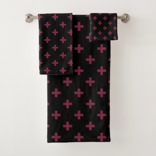 Mulberry polka crosses on black bath towel set